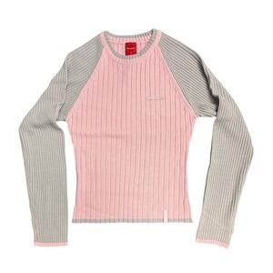 Vintage Y2K Southpole Pink Gray Ribbed Knit Raglan Long Sleeve Sweater Top Med